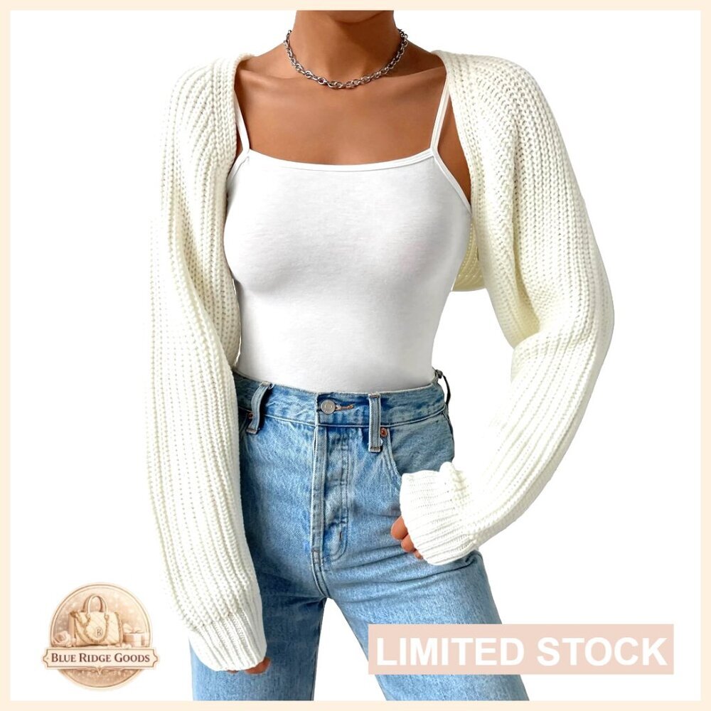 Long Sleeve Open Front Knitted Crop Cardigan Drop Shoulder Shrug Sweater